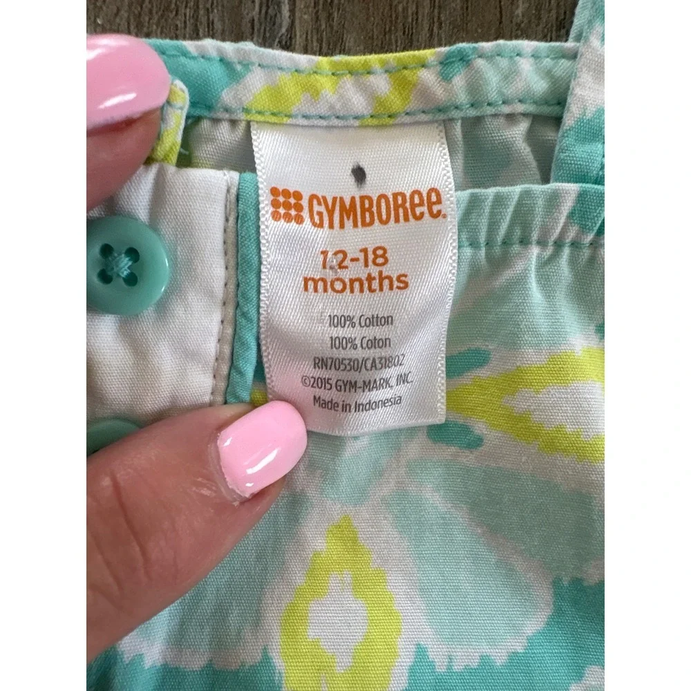 Gymboree Girls Aqua Yellow Medallion Floral Cotton Ruffle Dress 12-18 Months
